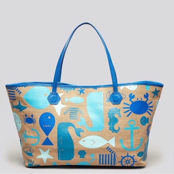 Jonathan Adler l Retro Novelty Nautical Sea Life Duchess Linen Canvas Tote Bag - Picture 1 of 3